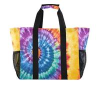 Quteprint Large Waterproof Travel Tote Bag for Women Men, Swirl Tie Dye Rainbow Canvas Beach Bag with Lining & Pockets - Reusable Grocery/Laundry/Kitchen/Pool/Picnic Tote (15.4x9.8x12.8in)