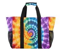 Quteprint Large Waterproof Travel Tote Bag for Women Men, Tie Dye Swirl Rainbow Canvas Beach Bag with Lining & Pockets - Reusable Grocery/Laundry/Kitchen/Pool/Picnic Tote (15.4x9.8x12.8in)