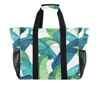 Quteprint Large Waterproof Travel Tote Bag for Women Men, Tropical Green Banana Leaves Canvas Beach Bag with Lining & Pockets - Reusable Grocery/Laundry/Kitchen/Pool/Picnic Tote (15.4x9.8x12.8in)