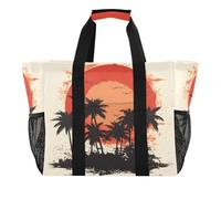 Quteprint Large Waterproof Travel Tote Bag for Women Men, Tropical Palm Trees Sunset Canvas Beach Bag with Lining & Pockets - Reusable Grocery/Laundry/Kitchen/Pool/Picnic Tote (15.4x9.8x12.8in)
