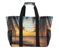 Quteprint Large Waterproof Travel Tote Bag for Women Men, Tropical Sea Beach Palm Tree Canvas Beach Bag with Lining & Pockets - Reusable Grocery/Laundry/Kitchen/Pool/Picnic Tote (15.4x9.8x12.8in)