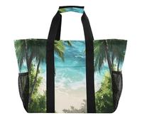 Quteprint Large Waterproof Travel Tote Bag for Women Men, Tropical Sea Ocean Palm Tree Canvas Beach Bag with Lining & Pockets - Reusable Grocery/Laundry/Kitchen/Pool/Picnic Tote (15.4x9.8x12.8in)