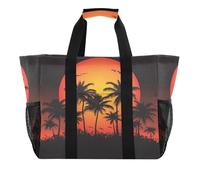 Quteprint Large Waterproof Travel Tote Bag for Women Men, Tropical Sea Palm Trees Sunset Canvas Beach Bag with Lining & Pockets - Reusable Grocery/Laundry/Kitchen/Pool/Picnic Tote (15.4x9.8x12.8in)