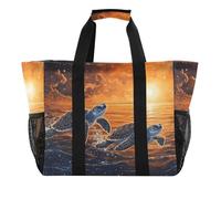 Quteprint Large Waterproof Travel Tote Bag for Women Men, Turtles Ocean Sea Beach Sunset Canvas Beach Bag with Lining & Pockets - Reusable Grocery/Laundry/Kitchen/Pool/Picnic Tote (15.4x9.8x12.8in)