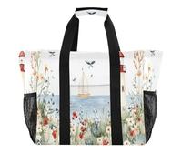 Quteprint Large Waterproof Travel Tote Bag for Women Men, Watercolor Lighthouse Ship Flowers Canvas Beach Bag with Lining & Pockets - Reusable Grocery/Laundry/Kitchen/Pool/Picnic Tote (15.4x9.8x12.8in
