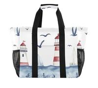 Quteprint Large Waterproof Travel Tote Bag for Women Men, Watercolor Ocean Lighthouse Canvas Beach Bag with Lining & Pockets - Reusable Grocery/Laundry/Kitchen/Pool/Picnic Tote (15.4x9.8x12.8in)
