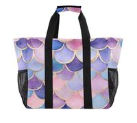 Quteprint Large Waterproof Travel Tote Bag for Women Men, Watercolor Pastel Sea Mermaid Scales Canvas Beach Bag with Lining & Pockets - Reusable Grocery/Laundry/Kitchen/Pool/Picnic Tote (15.4x9.8x12.8
