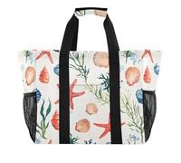 Quteprint Large Waterproof Travel Tote Bag for Women Men, Watercolor Sea Life Seashells Starfish Canvas Beach Bag with Lining & Pockets - Reusable Grocery/Laundry/Kitchen/Pool/Picnic Tote (15.4x9.8x12