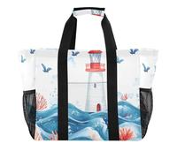 Quteprint Large Waterproof Travel Tote Bag for Women Men, Watercolor Sea Lighthouse Birds Canvas Beach Bag with Lining & Pockets - Reusable Grocery/Laundry/Kitchen/Pool/Picnic Tote (15.4x9.8x12.8in)