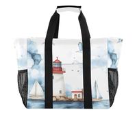 Quteprint Large Waterproof Travel Tote Bag for Women Men, Watercolor Sea Lighthouse Sailboats Canvas Beach Bag with Lining & Pockets - Reusable Grocery/Laundry/Kitchen/Pool/Picnic Tote (15.4x9.8x12.8i