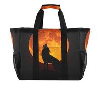 Quteprint Large Waterproof Travel Tote Bag for Women Men, Wolf Howling at The Moon Canvas Beach Bag with Lining & Pockets - Reusable Grocery/Laundry/Kitchen/Pool/Picnic Tote (15.4x9.8x12.8in)