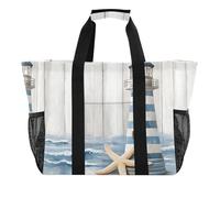 Quteprint Large Waterproof Travel Tote Bag for Women Men, Wooden Sea Lighthouse Starfish Canvas Beach Bag with Lining & Pockets - Reusable Grocery/Laundry/Kitchen/Pool/Picnic Tote (15.4x9.8x12.8in)