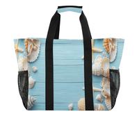 Quteprint Large Waterproof Travel Tote Bag for Women Men, Wooden Seashells Starfish Beach Canvas Beach Bag with Lining & Pockets - Reusable Grocery/Laundry/Kitchen/Pool/Picnic Tote (15.4x9.8x12.8in)