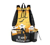 Quteprint Mesh Gym Swimming Bags for Men & Women, Cartoon Halloween Ghosts Bats Large Drawstring Backpack with Dry-Wet Pocket, Lightweight Gym Bag for Sports, Travel, Beach, Workout Gear