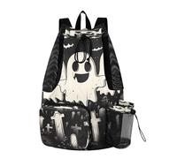 Quteprint Mesh Gym Swimming Bags for Men & Women, Cartoon Halloween Ghosts Large Drawstring Backpack with Dry-Wet Pocket, Lightweight Gym Bag for Sports, Travel, Beach, Workout Gear