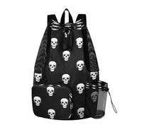 Quteprint Mesh Gym Swimming Bags for Men & Women, Cute Halloween Skull Large Drawstring Backpack with Dry-Wet Pocket, Lightweight Gym Bag for Sports, Travel, Beach, Workout Gear