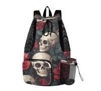 Quteprint Mesh Gym Swimming Bags for Men & Women, Floral Rose Skull Large Drawstring Backpack with Dry-Wet Pocket, Lightweight Gym Bag for Sports, Travel, Beach, Workout Gear