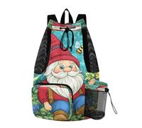 Quteprint Mesh Gym Swimming Bags for Men & Women, Garden Gnome Bees Flowers Large Drawstring Backpack with Dry-Wet Pocket, Lightweight Gym Bag for Sports, Travel, Beach, Workout Gear