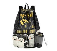 Quteprint Mesh Gym Swimming Bags for Men & Women, Halloween Cute Happy Ghosts Large Drawstring Backpack with Dry-Wet Pocket, Lightweight Gym Bag for Sports, Travel, Beach, Workout Gear