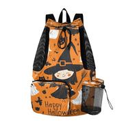 Quteprint Mesh Gym Swimming Bags for Men & Women, Halloween Patterns Witch Ghosts Large Drawstring Backpack with Dry-Wet Pocket, Lightweight Gym Bag for Sports, Travel, Beach, Workout Gear