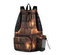 Quteprint Mesh Gym Swimming Bags for Men & Women, Library Books Candlelight Large Drawstring Backpack with Dry-Wet Pocket, Lightweight Gym Bag for Sports, Travel, Beach, Workout Gear