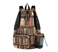 Quteprint Mesh Gym Swimming Bags for Men & Women, Old Bookshelf Books Large Drawstring Backpack with Dry-Wet Pocket, Lightweight Gym Bag for Sports, Travel, Beach, Workout Gear