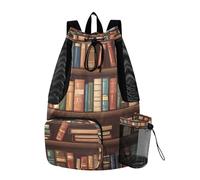 Quteprint Mesh Gym Swimming Bags for Men & Women, Old Bookshelf Library Books Large Drawstring Backpack with Dry-Wet Pocket, Lightweight Gym Bag for Sports, Travel, Beach, Workout Gear