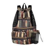 Quteprint Mesh Gym Swimming Bags for Men & Women, Old Bookshelf Wall Books Large Drawstring Backpack with Dry-Wet Pocket, Lightweight Gym Bag for Sports, Travel, Beach, Workout Gear