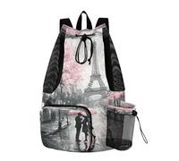Quteprint Mesh Gym Swimming Bags for Men & Women, Paris Towel Cherry Blossom Flower Large Drawstring Backpack with Dry-Wet Pocket, Lightweight Gym Bag for Sports, Travel, Beach, Workout Gear