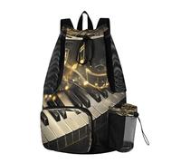 Quteprint Mesh Gym Swimming Bags for Men & Women, Piano Keys Music Notes Gold Large Drawstring Backpack with Dry-Wet Pocket, Lightweight Gym Bag for Sports, Travel, Beach, Workout Gear