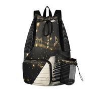 Quteprint Mesh Gym Swimming Bags for Men & Women, Piano Music Notes Gold Large Drawstring Backpack with Dry-Wet Pocket, Lightweight Gym Bag for Sports, Travel, Beach, Workout Gear