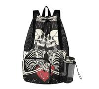 Quteprint Mesh Gym Swimming Bags for Men & Women, Romantic Skeletons Skull Love Large Drawstring Backpack with Dry-Wet Pocket, Lightweight Gym Bag for Sports, Travel, Beach, Workout Gear