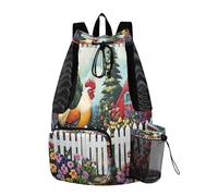 Quteprint Mesh Gym Swimming Bags for Men & Women, Rooster Flowers Garden Art Large Drawstring Backpack with Dry-Wet Pocket, Lightweight Gym Bag for Sports, Travel, Beach, Workout Gear