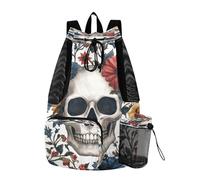 Quteprint Mesh Gym Swimming Bags for Men & Women, Skull Daisy Flowers Large Drawstring Backpack with Dry-Wet Pocket, Lightweight Gym Bag for Sports, Travel, Beach, Workout Gear