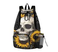 Quteprint Mesh Gym Swimming Bags for Men & Women, Sunflower Skull Large Drawstring Backpack with Dry-Wet Pocket, Lightweight Gym Bag for Sports, Travel, Beach, Workout Gear