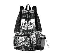 Quteprint Mesh Gym Swimming Bags for Men & Women, Two Skeletons Skull Heart Large Drawstring Backpack with Dry-Wet Pocket, Lightweight Gym Bag for Sports, Travel, Beach, Workout Gear