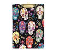 Quteprint Mexican Floral Sugar Skulls Acrylic Clipboard, 9" x 12.5" Clear Scratch-Resistant Clip Board with (Gold) Metal Clip & Wall Hook - 0.25" Thick for Office Classroom Nurses Teachers Students