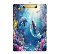 Quteprint Ocean Dolphin Mermaid Acrylic Clipboard, 9" x 12.5" Clear Scratch-Resistant Clip Board with (Gold) Metal Clip & Wall Hook - 0.25" Thick for Office Classroom Nurses Teachers Students