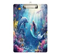 Quteprint Ocean Dolphin Mermaid Acrylic Clipboard, 9" x 12.5" Clear Scratch-Resistant Clip Board with (Silver) Metal Clip & Wall Hook - 0.25" Thick for Office Classroom Nurses Teachers Students