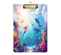 Quteprint Ocean Sea Dolphin Mermaid Acrylic Clipboard, 9" x 12.5" Clear Scratch-Resistant Clip Board with (Gold) Metal Clip & Wall Hook - 0.25" Thick for Office Classroom Nurses Teachers Students