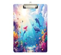 Quteprint Ocean Sea Dolphin Mermaid Acrylic Clipboard, 9" x 12.5" Clear Scratch-Resistant Clip Board with (Silver) Metal Clip & Wall Hook - 0.25" Thick for Office Classroom Nurses Teachers Students