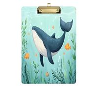 Quteprint Ocean Whale Fish Acrylic Clipboard, 9" x 12.5" Clear Scratch-Resistant Clip Board with (Gold) Metal Clip & Wall Hook - 0.25" Thick for Office Classroom Nurses Teachers Students