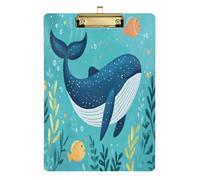 Quteprint Ocean Whale Swimming Fish Acrylic Clipboard, 9" x 12.5" Clear Scratch-Resistant Clip Board with (Gold) Metal Clip & Wall Hook - 0.25" Thick for Office Classroom Nurses Teachers Students