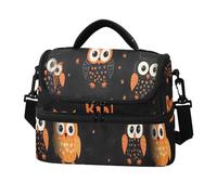 Quteprint Orange Cute Animal Owls Double Deck Insulated Lunch Bag for Women Men, 8L Dual Layer Cooler Bag with Adjustable Shoulder Strap, Leakproof Thermal Lunch Box for Work Picnic Outdoor