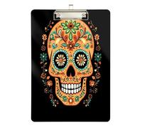 Quteprint Orange Sugar Skull Mexican Acrylic Clipboard, 9" x 12.5" Clear Scratch-Resistant Clip Board with (Silver) Metal Clip & Wall Hook - 0.25" Thick for Office Classroom Nurses Teachers Students