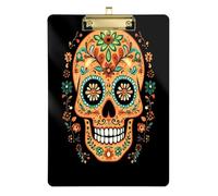 Quteprint Orange Sugar Skull Mexican Acrylic Clipboard, 9" x 12.5" Clear Scratch-Resistant Clip Board with (Gold) Metal Clip & Wall Hook - 0.25" Thick for Office Classroom Nurses Teachers Students