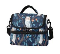 Quteprint Owls Tree Branch Leaves Double Deck Insulated Lunch Bag for Women Men, 8L Dual Layer Cooler Bag with Adjustable Shoulder Strap, Leakproof Thermal Lunch Box for Work Picnic Outdoor