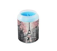 Quteprint Paris Pink Cherry Blossom Trees Dog Paw Cleaner Cup - Pet Foot Washer with Soft Silicone Brush, Portable Muddy Paw Cleaner for Small, Medium, Large Breed Dogs & Cats (2.56x2.56x4.53inch)