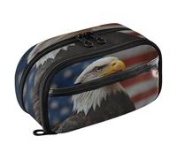 Quteprint Pencil Bag PVC Pencil Case for Boys Girls, American Flag Bird Eagle Dual Zipper Large Capacity Pencil Holder, Water-Resistant Stationery Organizer for College School Office Supplies