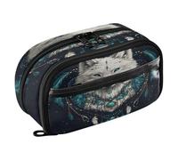 Quteprint Pencil Bag PVC Pencil Case for Boys Girls, Boho Feathers Heart Wolf Dual Zipper Large Capacity Pencil Holder, Water-Resistant Stationery Organizer for College School Office Supplies